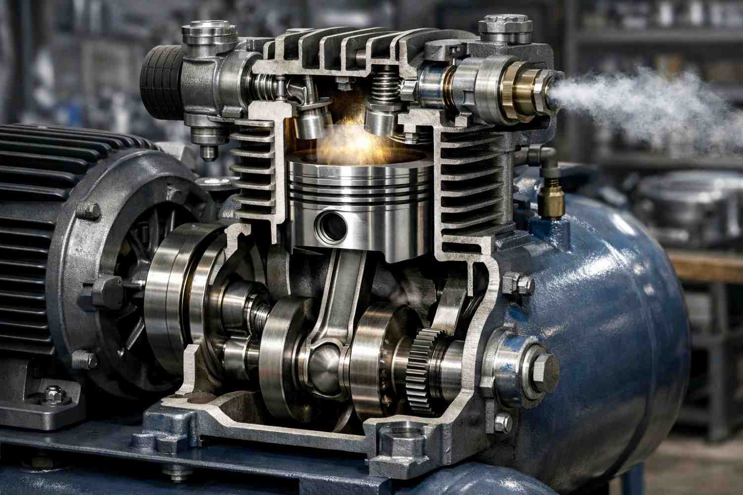 Cutaway view of a reciprocating air compressor showing piston, cylinder, crankshaft, and valves compressing air inside an industrial workshop.